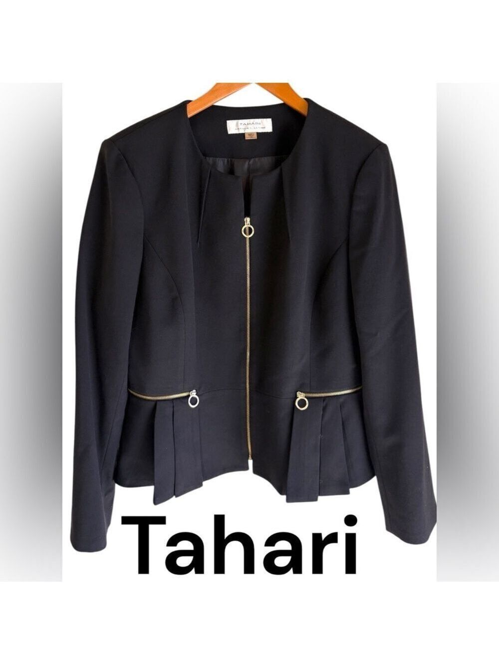 Tahari ASL-Size 14 chic black peplum blazer/gold zippers. Like new preowned!!!